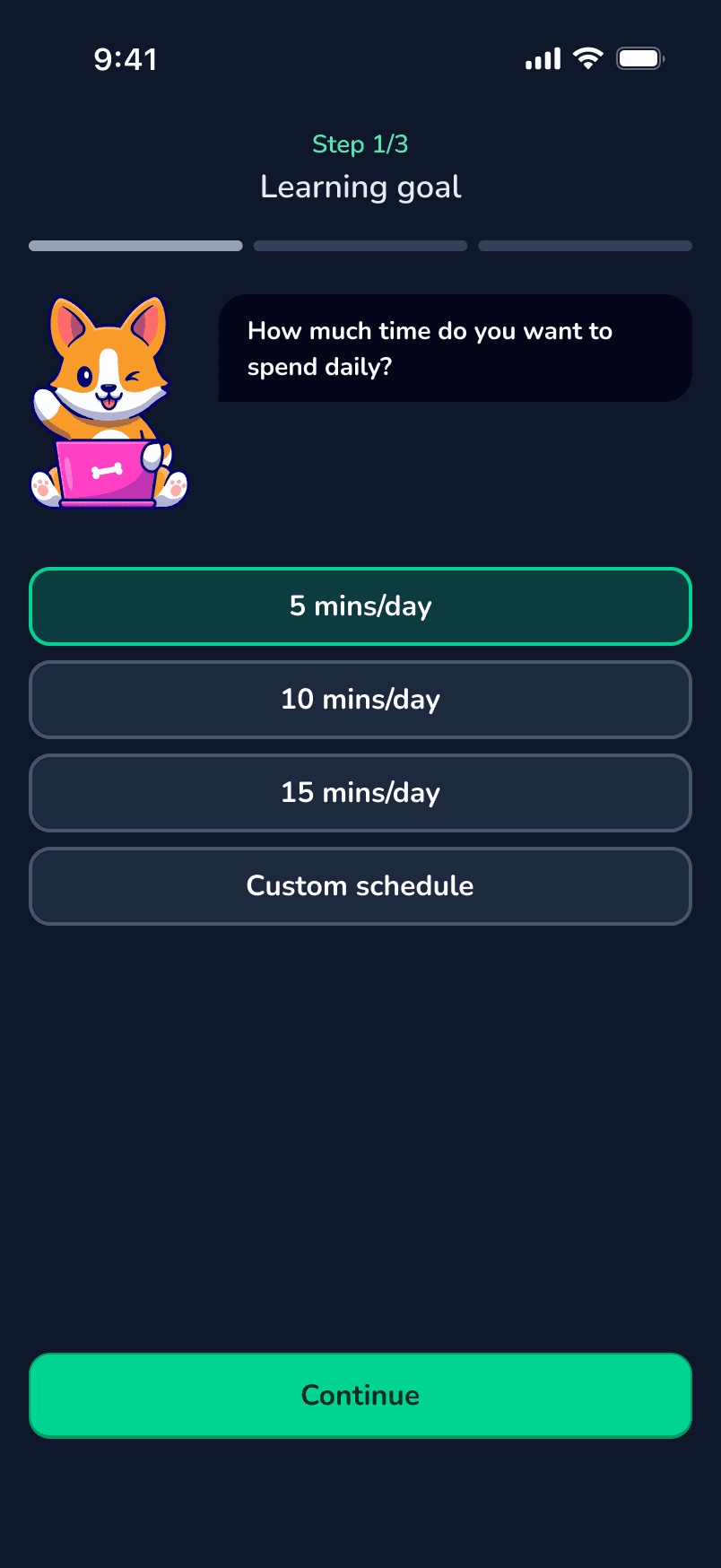 WynIt onboarding with corgi mascot asking about daily time commitment