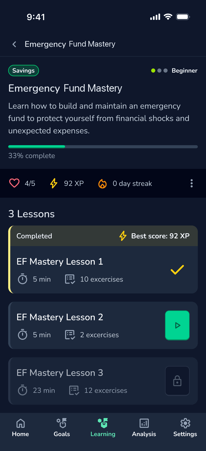 WynIt learning modules with Emergency Fund Mastery lessons