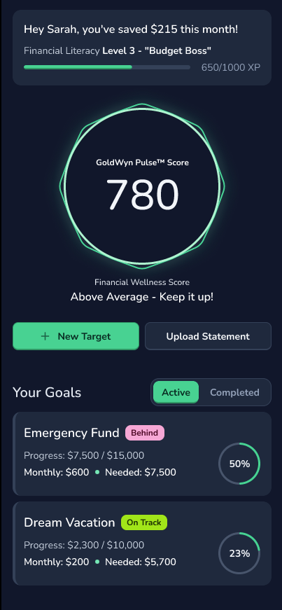 WynIt app dashboard showing GoldWyn Pulse Score